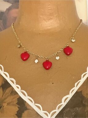 Gold Chain Necklace with Red Heart Charms